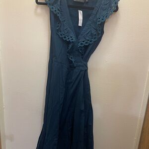 New York & Company Teal Lace-Trim V-Neck Maxi Dress
